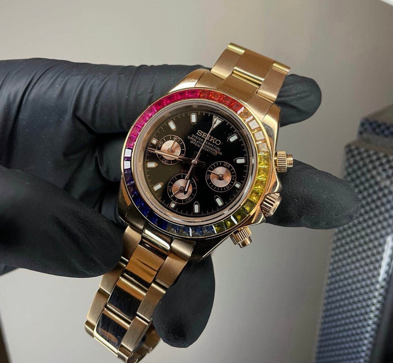 Seiko Daytona Mod Rose Gold ‘Rainbow Bezel/ Black Dial’ 40