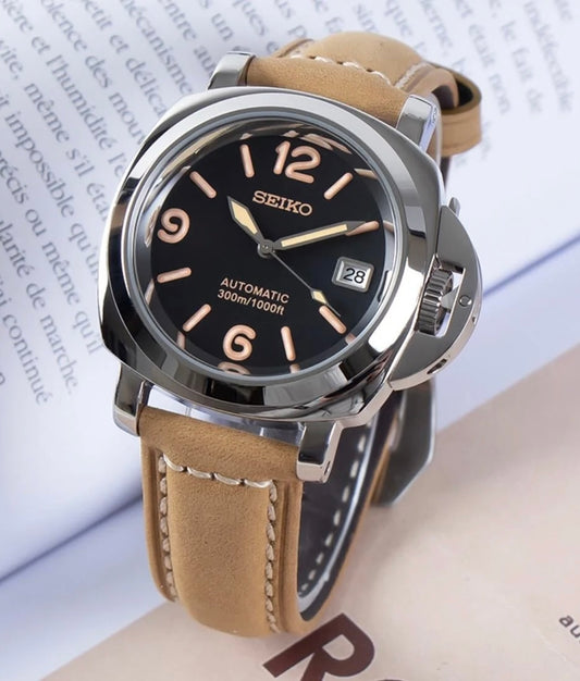 PanSeiko Mod ‘Black Dial/ Beige Leather Strap’ 42mm