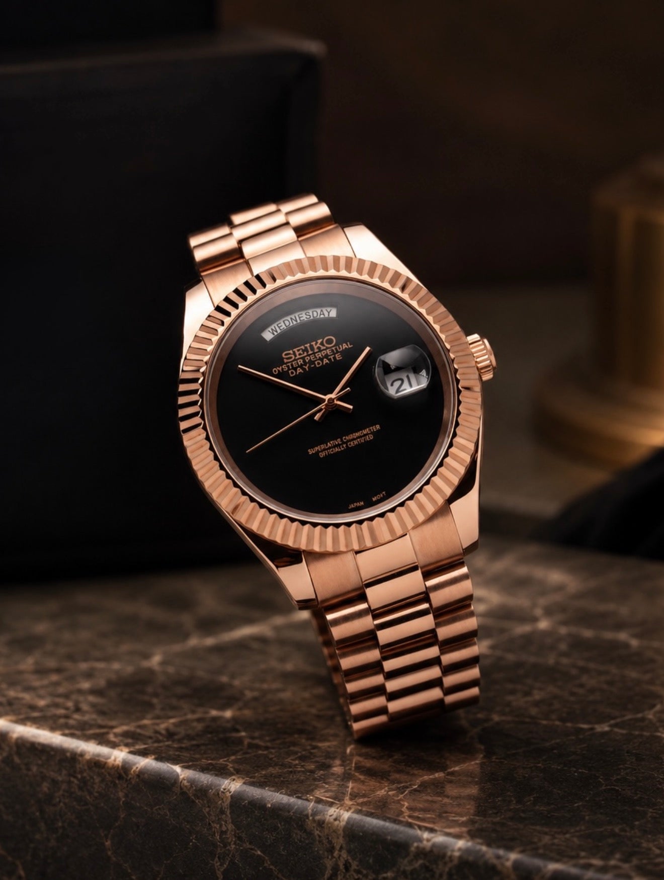 Seiko Day-date Mod Rose Gold ‘All Black Dial’ 36/39