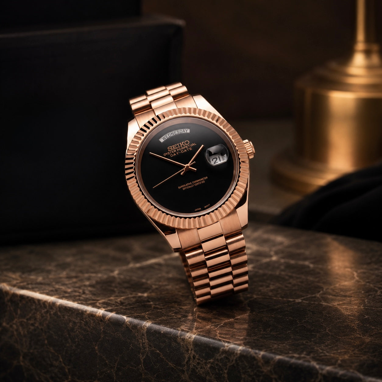 Seiko Day-date Mod Rose Gold ‘All Black Dial’ 36/39