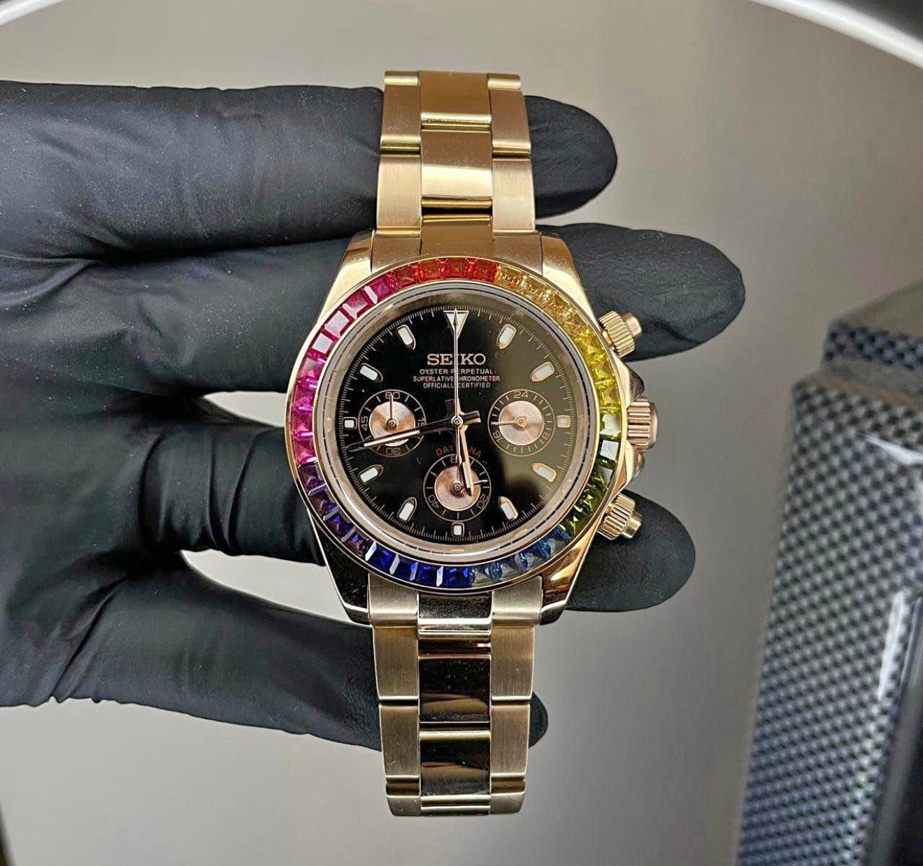 Seiko Daytona Mod Rose Gold ‘Rainbow Bezel/ Black Dial’ 40