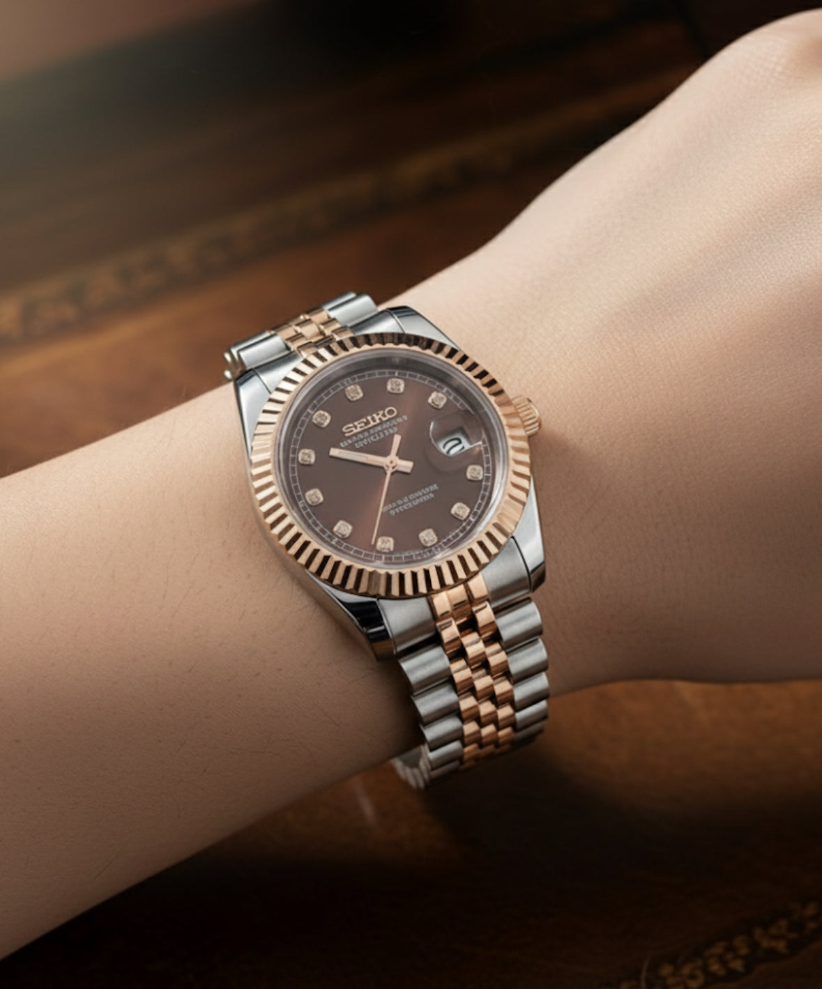 Ladies Seiko date-just Mod chocolate diamond dial 31mm