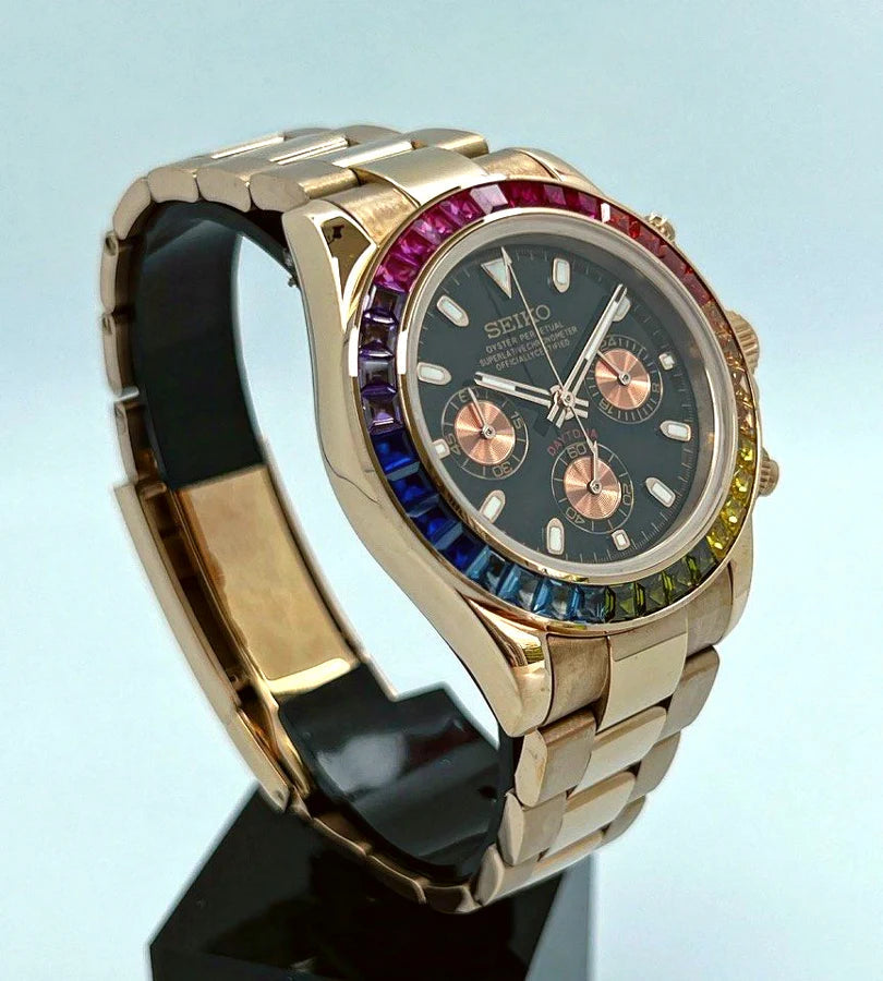 Seiko Daytona Mod Rose Gold ‘Rainbow Bezel/ Black Dial’ 40