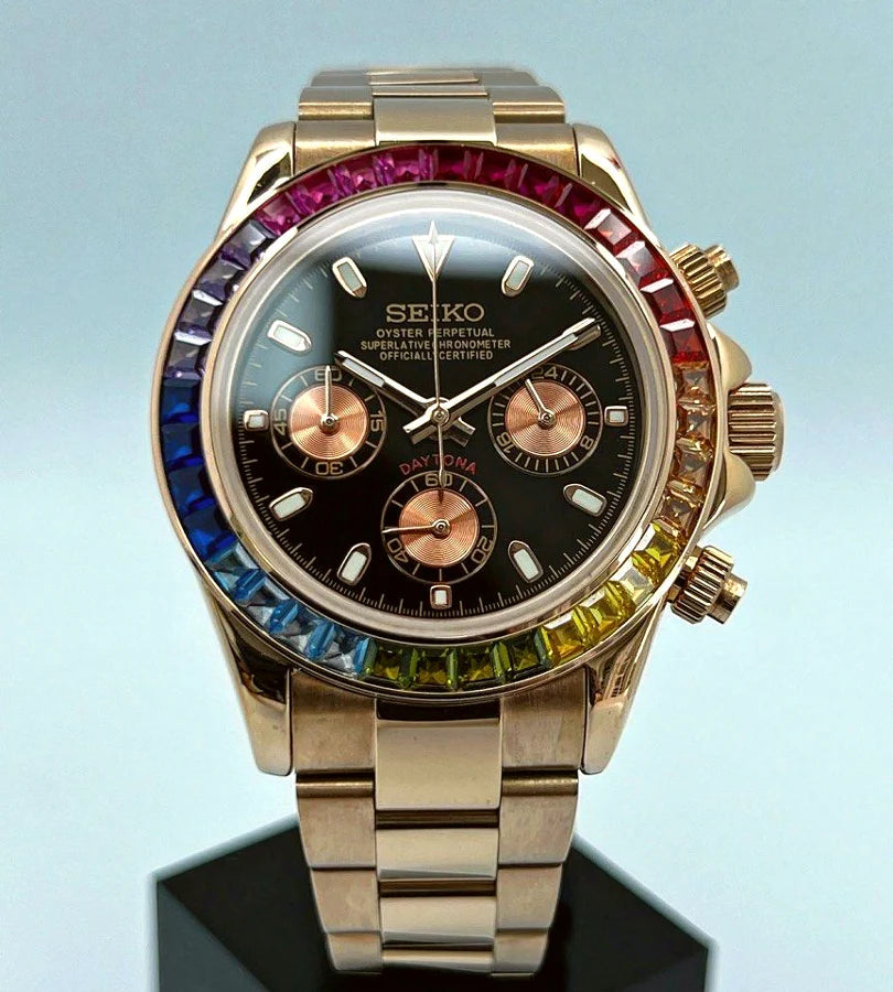 Seiko Daytona Mod Rose Gold ‘Rainbow Bezel/ Black Dial’ 40