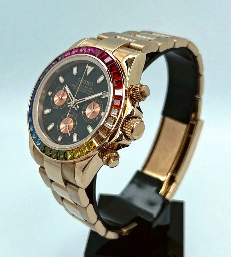 Seiko Daytona Mod Rose Gold ‘Rainbow Bezel/ Black Dial’ 40