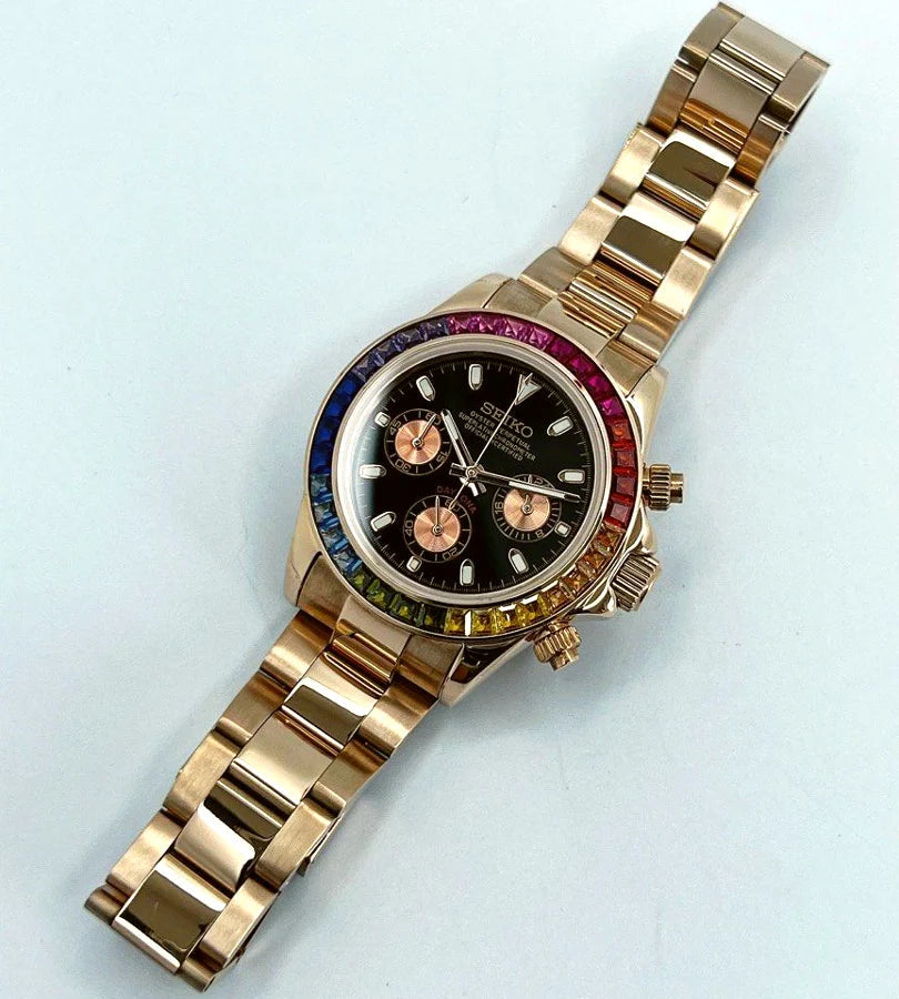 Seiko Daytona Mod Rose Gold ‘Rainbow Bezel/ Black Dial’ 40