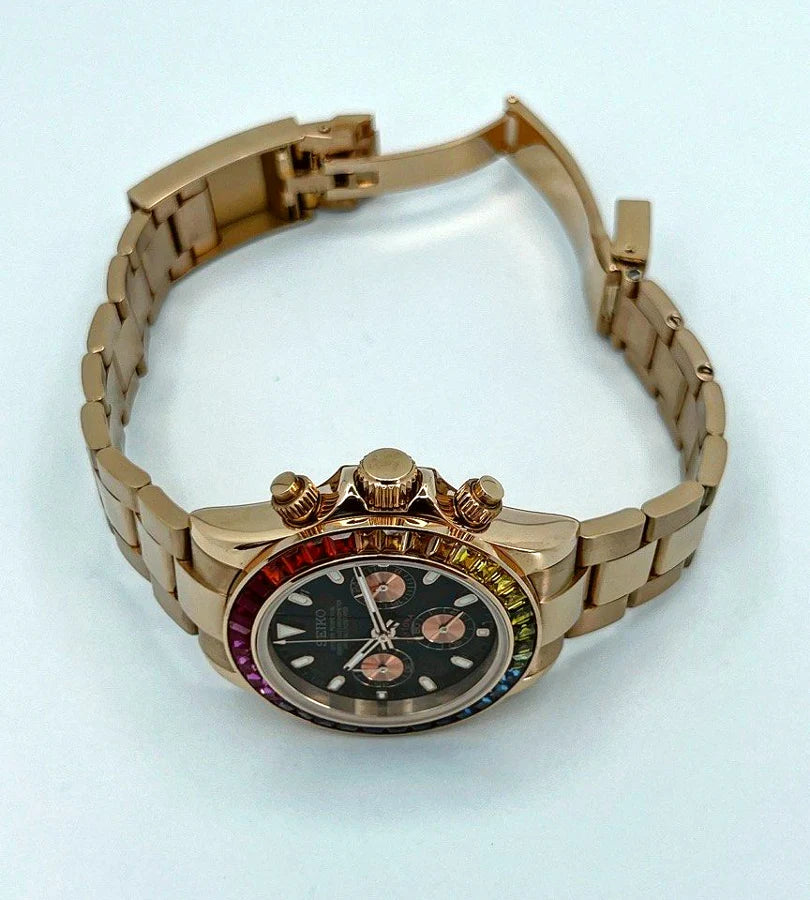 Seiko Daytona Mod Rose Gold ‘Rainbow Bezel/ Black Dial’ 40