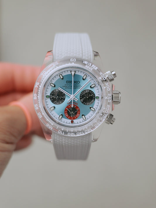 Seiko Daytona Mod Transparent Case ‘Platinum Dial/ White Strap’ 40